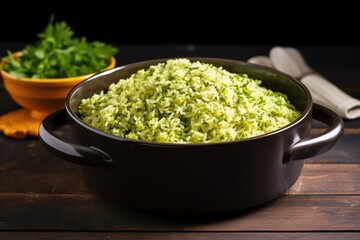 Sticker - uncooked broccoli rice in a ceramic bowl on dark table