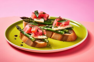 Canvas Print - bruschetta with asparagus on a pink backdrop