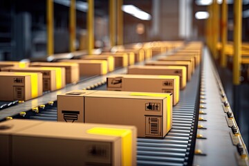 Sticker - Multiple cardboard box packages seamlessly moving along belt in a warehouse center, Logistics, commerce, delivery.