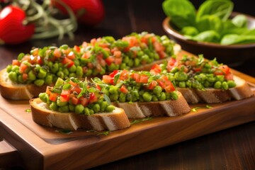 Canvas Print - edamame bruschetta displayed on a rectangular wooden tray