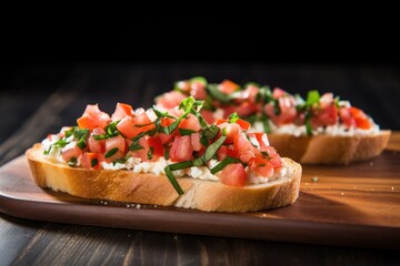 Wall Mural - bruschetta with garlic spread on top, plain backdrop