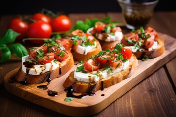 Poster - a board with mozzarella bruschetta on a wooden surface