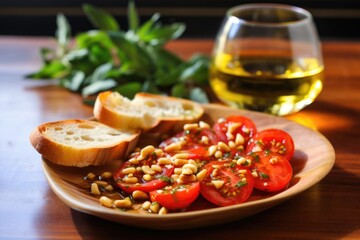 Wall Mural - a glass dish filled with olive oil, tomatoes, and pine nuts, adjacent to a fresh bruschetta