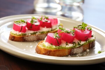 Sticker - a pair of radish bruschettas on a glass plate