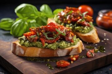 Wall Mural - closeup of bruschetta with sun-dried tomatoes and pesto sauce