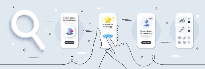 Wall Mural - Phone payment, Winner and Fork line icons pack. Phone screen mockup with 3d star, alert and chat message. Feather signature, Training results, Business podium web icon. Vector