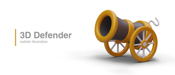 Defender concept. Realistic wheel cannon ready for battle. Color vector illustration. Vintage artillery. Siege weapon. Pirate long range firearms. Game content