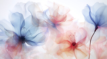 semi-transparent, delicate silky flowers, petals overlapping, white background. beautiful artistic f