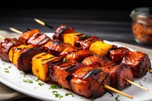 mango bbq grilled plantains on a skewer