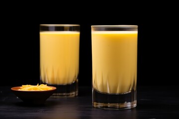 Sticker - two mesmerizing glasses of thick mango lassi on a black surface