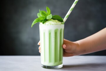 Wall Mural - hand swirling a mint milkshake with a straw, creating a spiral pattern