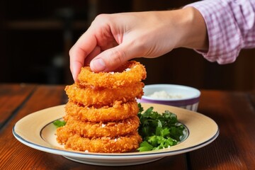 Wall Mural - hand stacking onion rings high on a plate