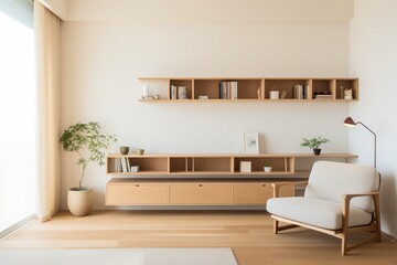 Cozy and modern living room interior encompasses walls with wooden cabinets.