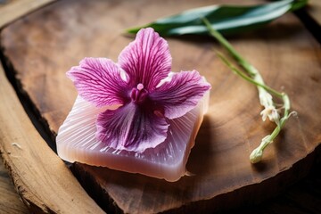 Wall Mural - a handmade soap with an embedded orchid flower, displayed on a wooden table