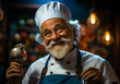 An elderly chef with a white beard wearing a chef's hat and holding a delicious dish. An old man with a white beard wearing a chef's hat and holding a