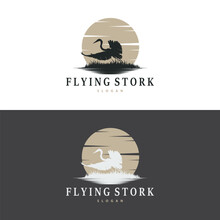 Stork Bird Logo, Heron, Grass, And River Design, Vector Simple Template Illustration