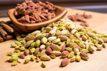 Sticker - a heaping pile of deshelled pistachios on a wooden board