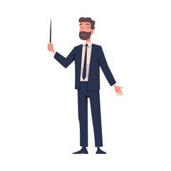 Sticker - Bearded Man Teacher Character Standing with Pointer and Teaching Vector Illustration