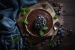 Top view of dark chocolate mousse tart decorated with fresh blueberries and the mint, background with copy space for a greeting text, generative ai