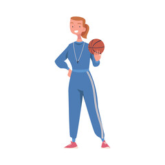 Poster - Young Woman Teacher Character in Sportswear Standing with Whistle and Ball Teaching Sport Education Vector Illustration