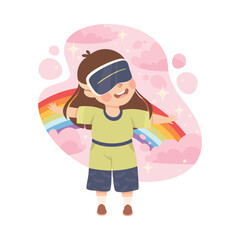 Wall Mural - Little Girl Playing Wearing Augmented Reality Glasses Using Smart Technology Vector Illustration