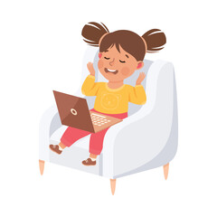 Wall Mural - Little Girl with Laptop Video Call Sitting in Armchair Using Smart Technology Vector Illustration