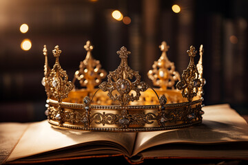 gold medieval crown with jewels on an open book with light in background, fantasy, historical novels concept