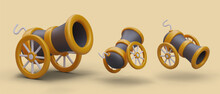Poster With Realistic 3d Cannon In Different Position On Yellow Background. Ancient Corsair Cannon Computer Pirate Game. Vector Illustration In 3d Style