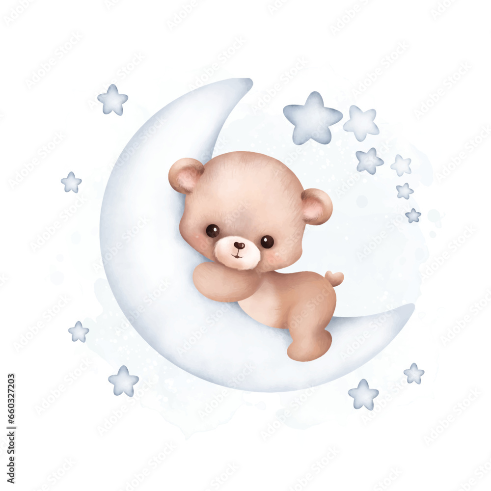 Watercolor Illustration Teddy Bear on the moon with stars Stock Vector ...