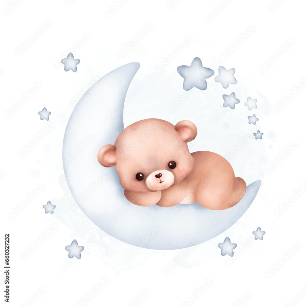 Watercolor Illustration Teddy Bear on the moon with stars Stock Vector ...
