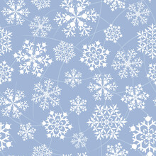 Seamless Pattern With Openwork White Snowflakes On A Blue Background. Design For Fabric, Gift Wrap, Wrapping Paper, Cover, Packaging.
