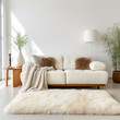 Fur rug near ivory sofa with furry fluffy pillows against white wall with copy space. Scandinavian, hygge home interior design of modern living room.