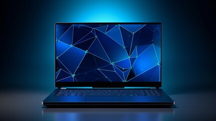 Futuristic communication polygonal 3d laptop made of linear polygons in dark blue color. Online business, it, network, support, services app concept. 