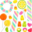 Collection of sweets, candy bracelet, jelly candy and lollipops. Colorful candy set. Vector illustration set