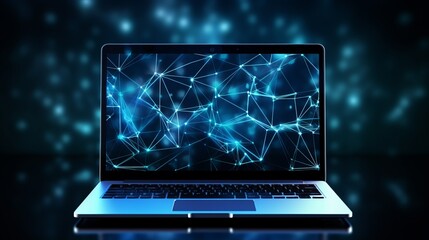 Futuristic communication polygonal 3d laptop made of linear polygons in dark blue color. Online business, it, network, support, services app concept. 