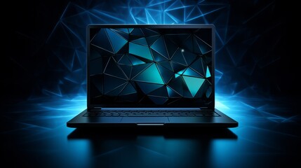 Futuristic communication polygonal 3d laptop made of linear polygons in dark blue color. Online business, it, network, support, services app concept. 