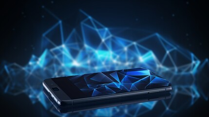 Wall Mural - Futuristic communication polygonal 3d smartphone made of linear polygons in dark blue color. Online business, it, network, support, services app concept.