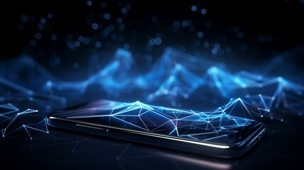 Futuristic communication polygonal 3d smartphone made of linear polygons in dark blue color. Online business, it, network, support, services app concept.