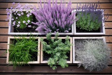 Wall Mural - lavender plants in wooden planters, overhead shot