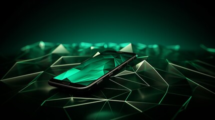 Wall Mural - Futuristic communication polygonal 3d smartphone made of linear polygons in dark green color. Online business, it, network, support, services app concept. 