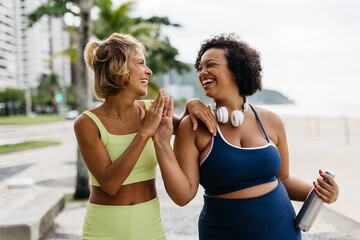 Wall Mural - Happy fitness buddies high fiving each other on a beach promenade