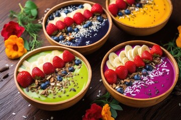 Wall Mural - close-up of bright smoothie bowls with seeds and berries