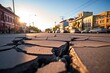 earthquake cracked roads in a cityscape