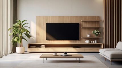  Wooden tv unit in spacious room. Scandinavian home interior design of modern living room