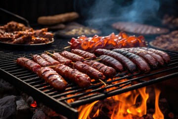 Wall Mural - smoke pouring off of barbecue with sausages