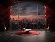 Chair in abstract red room with city backdrop for product showcase