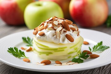 Canvas Print - salad of apple and raw almonds covered in greek yogurt