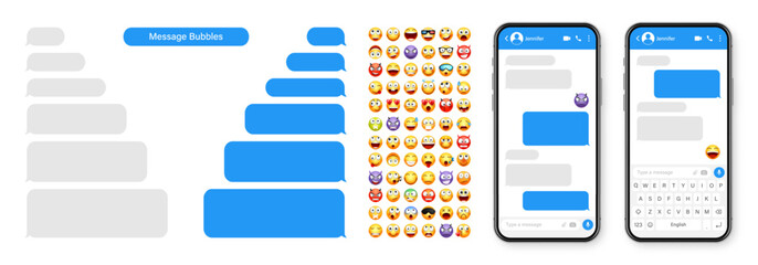 Wall Mural - Smartphone messaging app, user interface design with emoji. SMS text frame. Chat screen with blue message bubbles. Texting app for communication. Social media application. Vector illustration