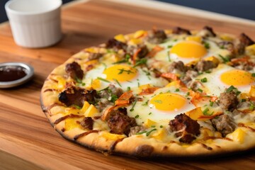 Wall Mural - breakfast pizza with sausage, eggs, and cheese