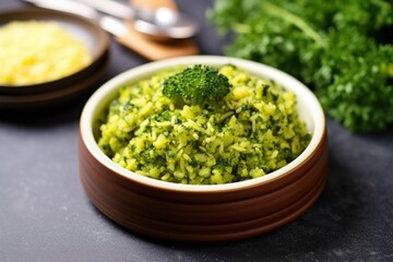 Canvas Print - broccoli rice garnished with a sprig of thyme